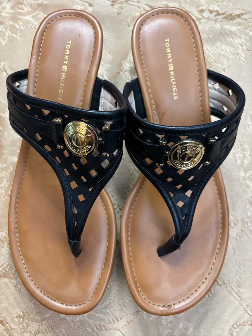 Tommy Hilfiger Black Thong Sandals with Gold Accent